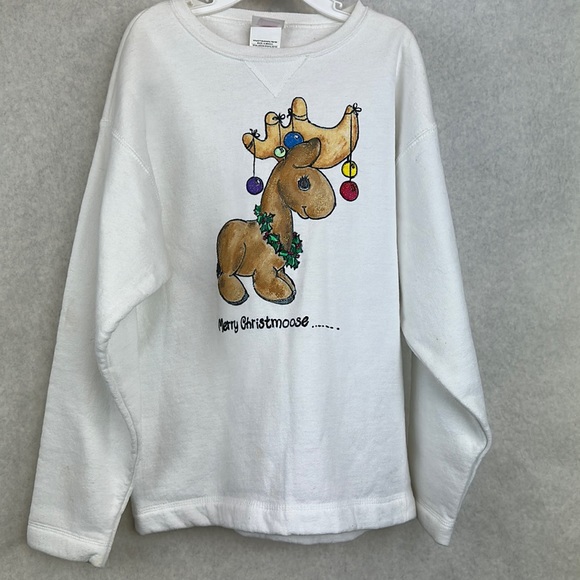 Hanes Her Way Girls Vintage Sweatshirt Merry Christmoose Reindeer Size L (10-12) - Picture 1 of 5